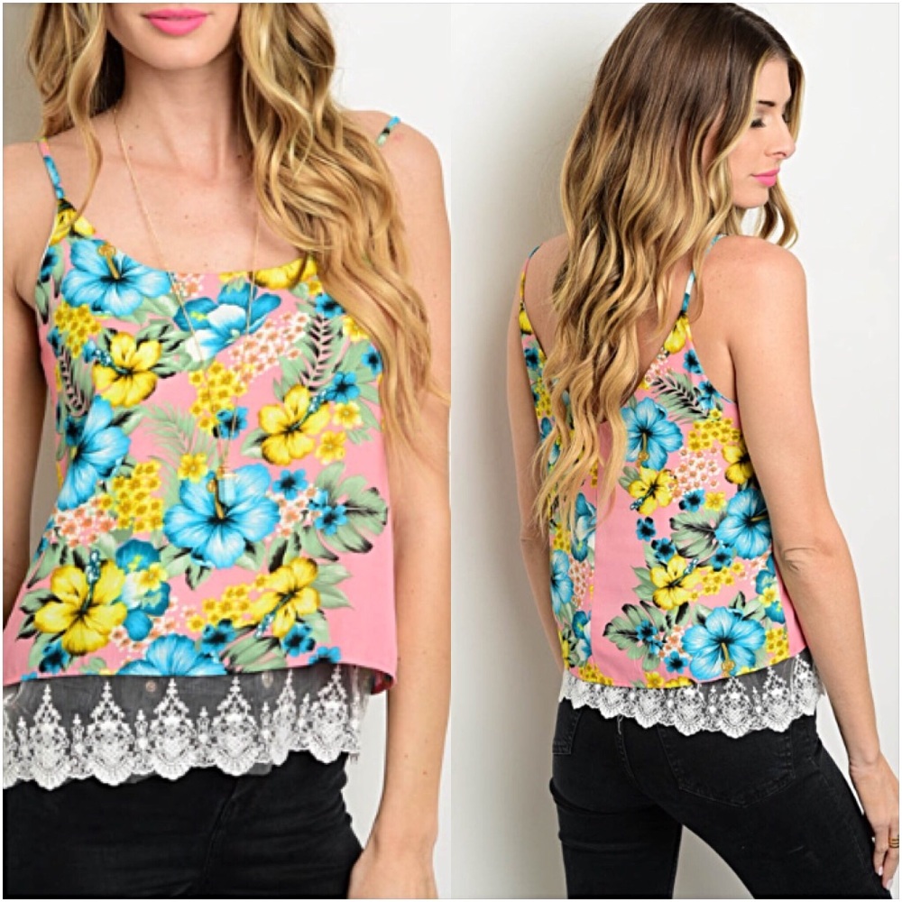 Lace Hem Lined Floral Spaghetti Blouse SML